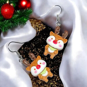 🆕️Cute Christmas Reindeer Earrings Festive Resin Dangles18K Gold Plated Hooks